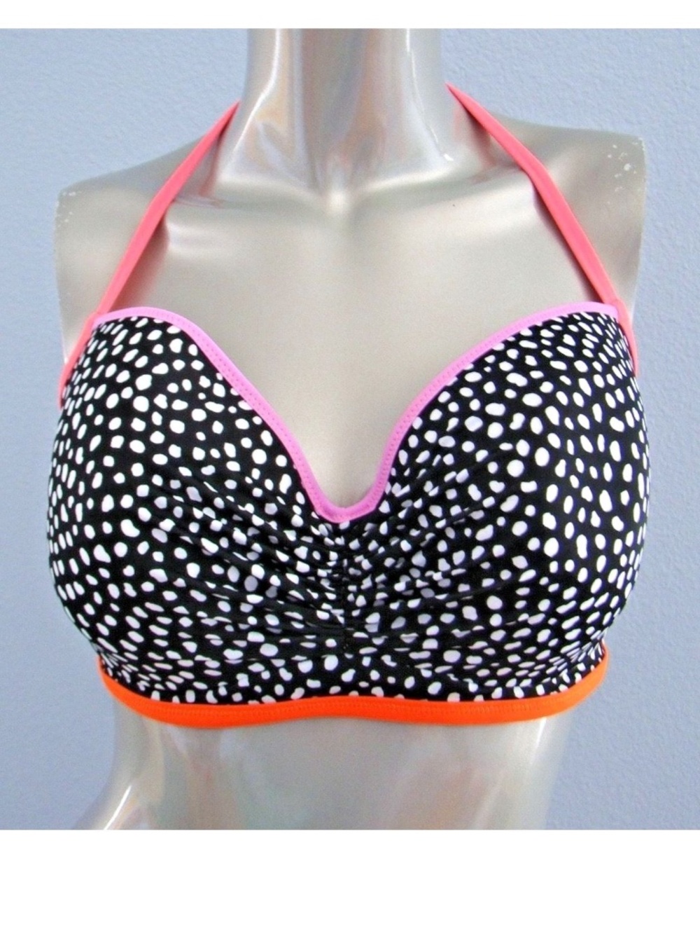 Victoria's Secret Bikini Top Black Dot Contrast Getaway Halter Strappy 34B